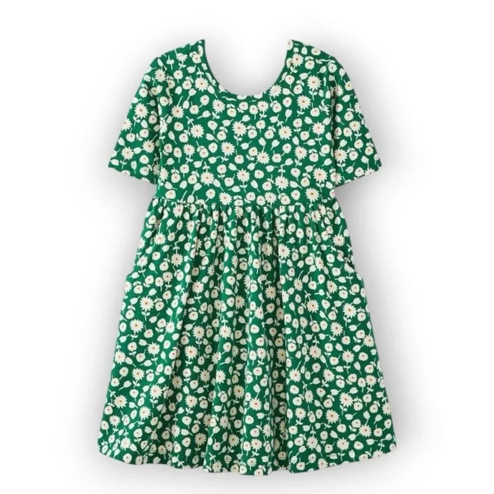 Hanna Andersson Green Posie Print Skater Dress Pockets Cotton Girls Size 130 8